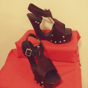 Black cow hair and wood platform sandals - NEVER WORN!